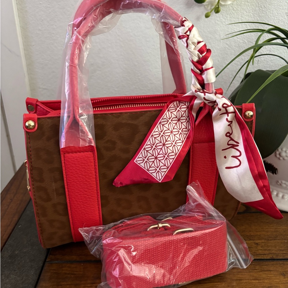 Brown and Red Handbag with Scarf Accent